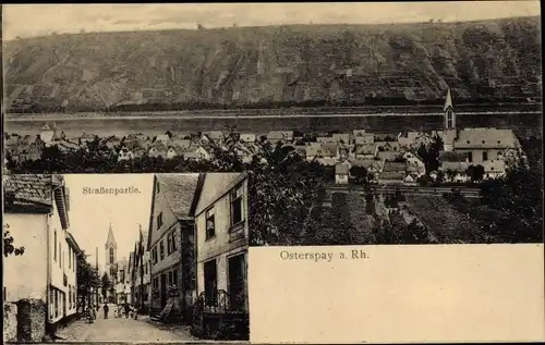 Ak Osterspay Osterspai am Rhein, Gesamtansicht, Straßenpartie