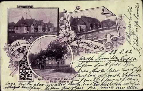 Litho Gustavsburg am Rhein, Gasthaus zur schönen Aussicht