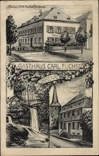 Ak Irmenach im Hunsrück, Gasthaus Carl Fuchs, Wasserfall, Kirche
