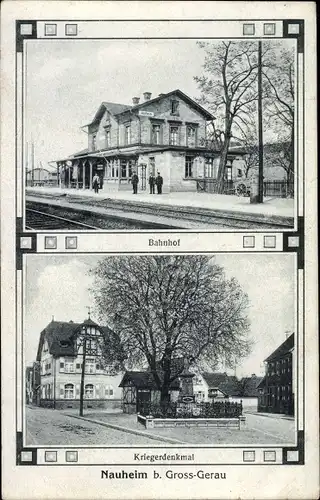 Ak Nauheim im Kreis Groß Gerau Hessen, Bahnhof Gleisseite, Kriegerdenkmal