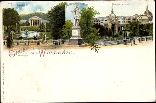 Litho Wiesbaden in Hessen, Kurhaus, Kochbrunnen, Kaiser Wilhelm Denkmal