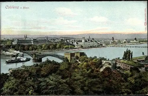 Ak Koblenz am Rhein, Eisenbahnbrücke, Schloss