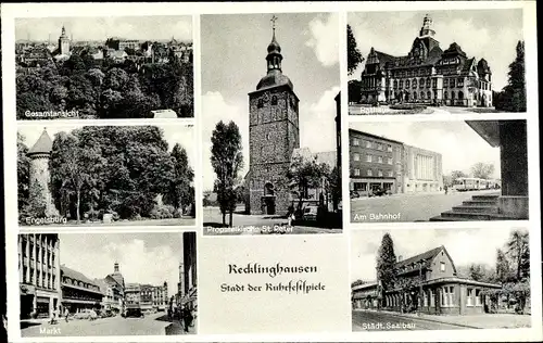 Ak Recklinghausen im Ruhrgebiet, Gesamtansicht, Rathaus, Bahnhof, Saalbau, Engelsburg, St. Peter