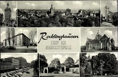 Ak Recklinghausen im Ruhrgebiet, Total, Christuskirche, Stadthaus, Engelsburg, Ehrenmal, Rathaus
