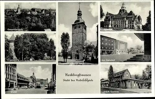Ak Recklinghausen im Ruhrgebiet, Gesamtansicht, Rathaus, Bahnhof, Saalbau, Engelsburg, St. Peter