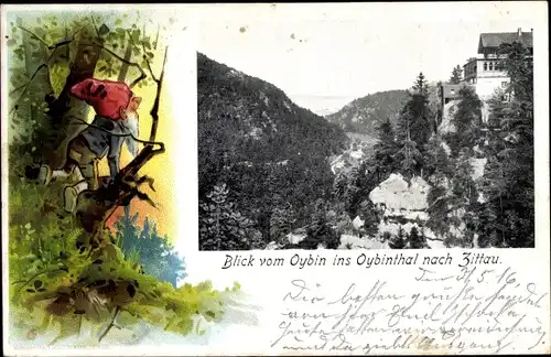 Litho Oybin in der Oberlausitz, Zwerg, Foto Blick ins Oybintal nach Zittau