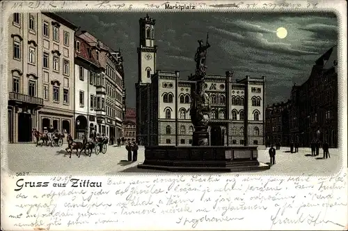 Mondschein Litho Zittau in der Oberlausitz, Partie am Marktplatz, Rathaus, Marsbrunnen