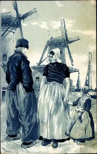 Ak Familie in niederländischen Trachten, Windmühlen
