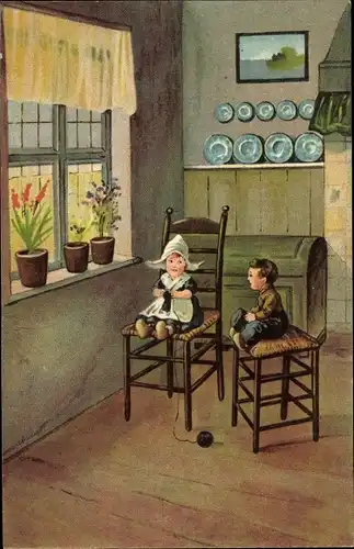 Ak Kinder in niederländischen Trachten, Stricken