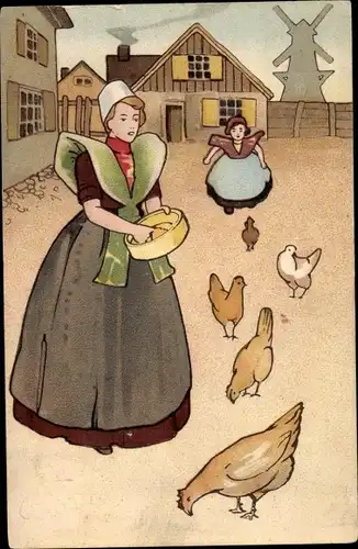 Ak Frau in niederländischer Tracht, Hühner