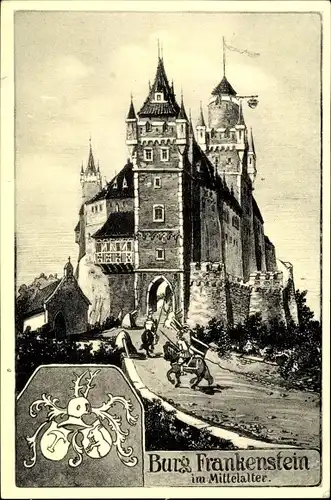 Wappen Ak Nieder Beerbach Mühltal im Odenwald, Burg Frankenstein im Mittelalter, Ritter, Wappen