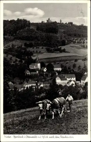 Ak Nieder Beerbach Mühltal im Odenwald, Ort, Bauer mit Ochsenpflug, Burg Frankenstein