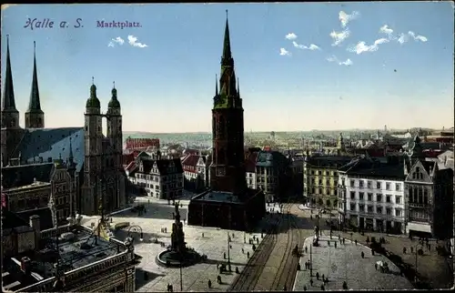 Ak Halle an der Saale, Blick auf den Marktplatz, Kirche, Denkmal