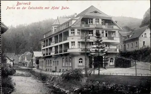 Ak Bad Berneck im Fichtelgebirge Oberfranken, Partie an der Oelschnitz mit Hotel Bube