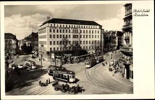 Ak Halle an der Saale, Verkehr auf dem Riebeckplatz, Straßenbahnen