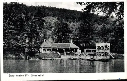 Ak Georgsmarienhütte in Niedersachsen, Badeanstalt, Steg, Waldpartie