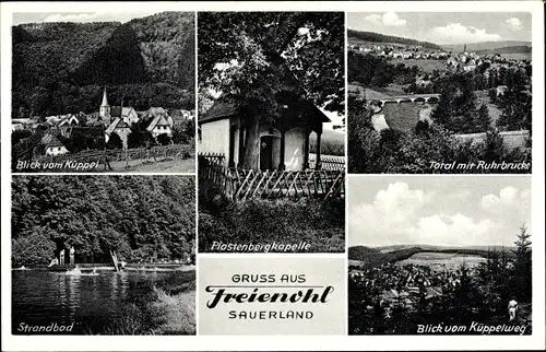 Ak Freienohl Meschede im Sauerland, Total mit Ruhrbrücke, Strandbad, Plastenbergkapelle, Teilansicht