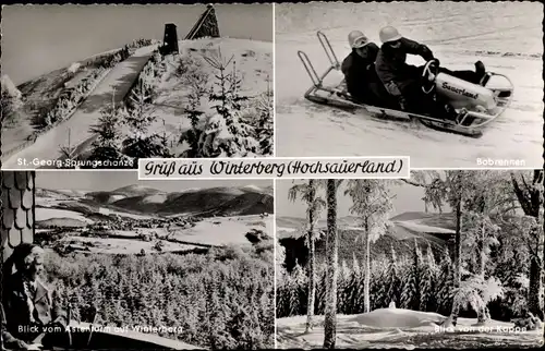 Ak Winterberg im Hochsauerlandkreis, St. Georg Sprungschanze, Bobrennen, Panoramablick, alte Frau