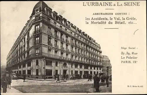 Ak Paris Opéra, L'Urbaine & La Seine, Assurances, Rue Le Peletier, 37, 39