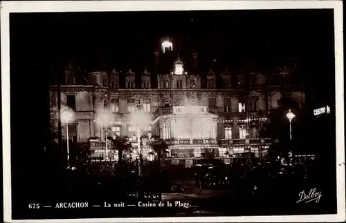 Ak Arcachon Gironde, Casino de la Plage, La nuit, Nachtbeleuchtung