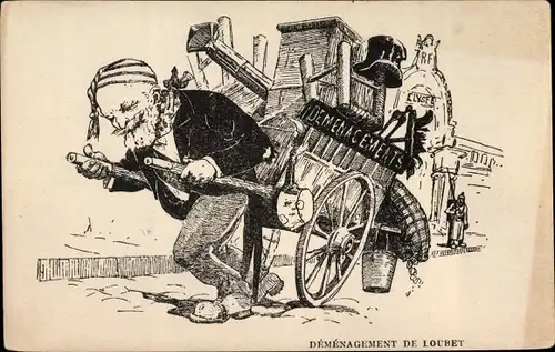 Ak Demenagement de Emile Loubet, Auszug aus dem Elysee Palast, Karikatur