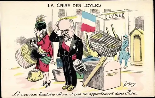 Künstler Ak La Crise des Loyers, Raymond Poincare, Auszug aus dem Elysee Palast, Karikatur