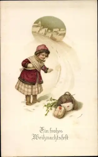 Litho Frohe Weihnachten, Mädchen im Schnee, Weihnachtspost, Kriegsgefangenenlager