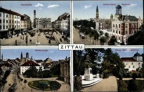 Ak Zittau in der Oberlausitz, König Albert Denkmal, Postamt, Marktplatz, Weberstraße, Zieher Z 5812