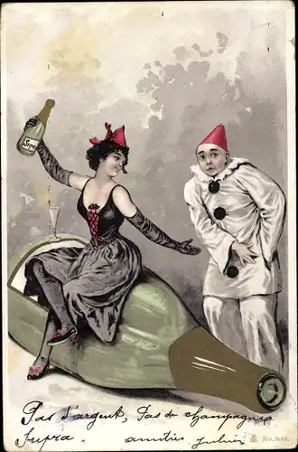 Ak Pierrot und Frau mit Sektflasche