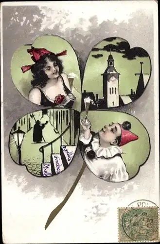 Passepartout Ak Harlekin, Kleeblatt, Sekt