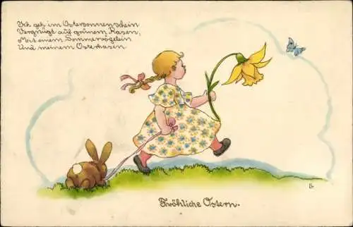Künstler Ak Fröhliche Ostern, Kind mit Osterhase an der Leine