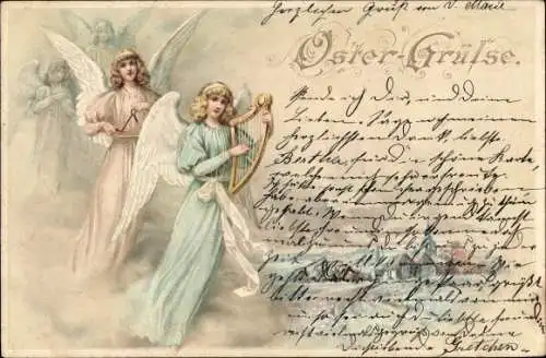 Ak Oster-Grüße, musizierende Engel mit Harfe und Triangel