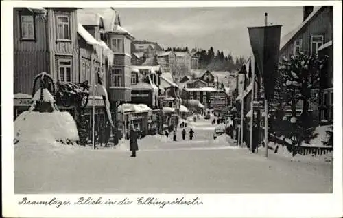 Ak Braunlage im Oberharz, Blick in die Elbingröderstraße, Passanten, Hotel, Winter