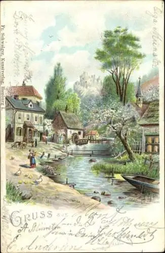 Litho Dorfpartie mit Wassermühle