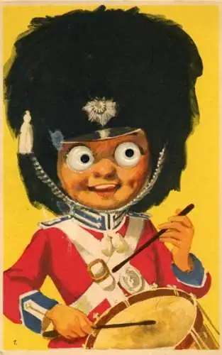 Ak Junge mit großen Kulleraugen in Uniform eines englischen Wachsoldaten mit Fellkappe und Trommel