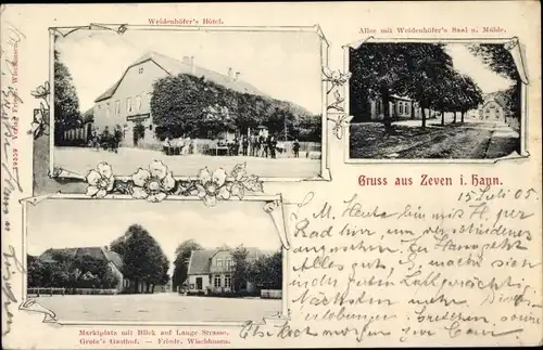 Ak Zeven in Niedersachsen, Weidenhöfers Hotel, Allee, Mühle, Marktplatz, Grote's Gasthof, Lange Str.