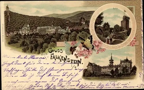 Litho Falkenstein Königstein im Taunus, Gesamtansicht, Kurhaus, Ruine