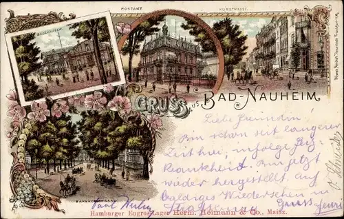 Litho Bad Nauheim in Hessen, Badehäuser, Postamt, Kurstraße, Bahnhofstraße