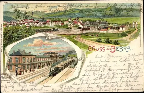 Litho Bebra an der Fulda in Hessen, Totalansicht der Ortschaft, Bahnhof, Gleisseite, Dampflok