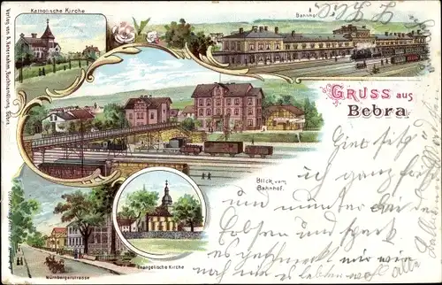 Litho Bebra an der Fulda in Hessen, Katholische Kirche, Bahnhof, Gleisseite, Nürnbergerstraße