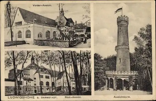 Ak Ludwigshöhe in Rheinland Pfalz, Hotel Restaurant, Vorder- und Rückansicht, Aussichtsturm