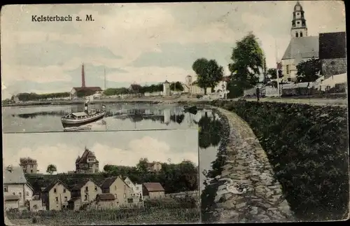 Ak Kelsterbach in Hessen, Stadtansichten, Boot auf Fluss, Gebäude