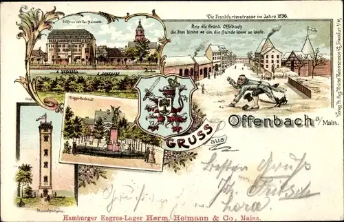 Wappen Litho Offenbach am Main Hessen, Schloss, Aussichtsturm, Denkmal, Frankfurter Straße 1836