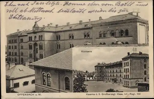 Ak Offenbach am Main Hessen, Kaserne, 5. Großherzogl. Hess. Inf. Regt. Nr. 168, Rückseite