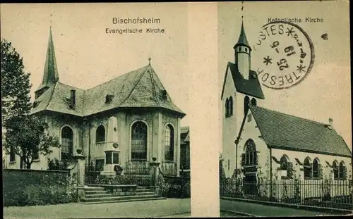 Ak Bischofsheim Mainspitze Hessen, Ev. Kirche, Kath. Kirche