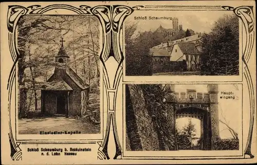 Ak Balduinstein an der Lahn, Schloss Schaumburg, Haupteingang, Einsiedler-Kapelle