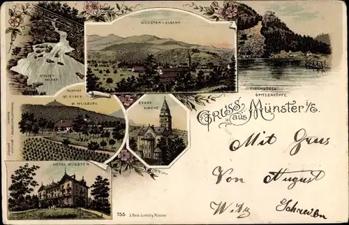 Litho Munster Münster Elsass Haut Rhin, Kirche, Hotel Münster, St. Gilgen, St. Felixburg