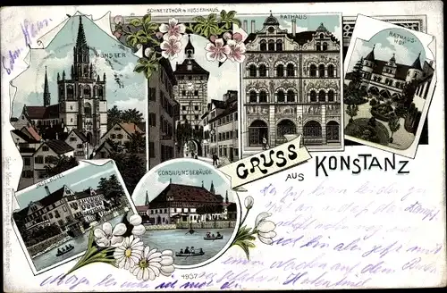 Litho Konstanz am Bodensee, Münster, Schnetztor, Rathaus, Inselhotel, Consiliumsgebäude