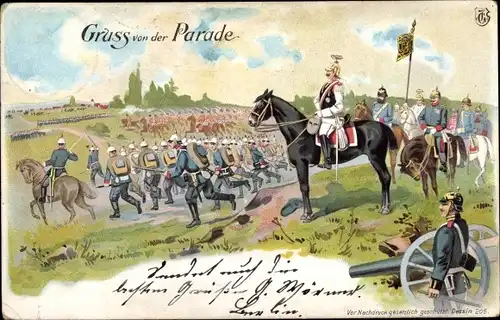 Litho Gruss von der Parade, Kaiser Wilhelm II. nimmt Parade ab