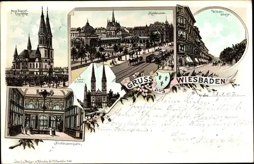 Litho Wiesbaden in Hessen, neue evangel. Ringkirche, Kochbrunnen, Wilhelmstraße, katholische Kirche